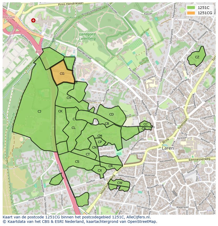 Afbeelding van het postcodegebied 1251 CG op de kaart.