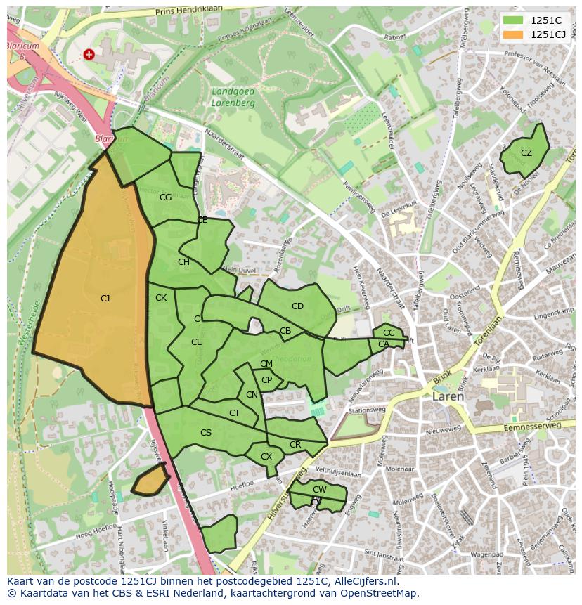 Afbeelding van het postcodegebied 1251 CJ op de kaart.