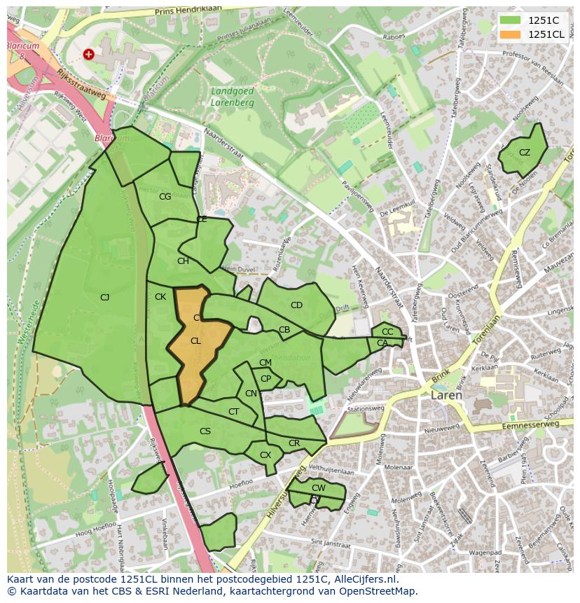 Afbeelding van het postcodegebied 1251 CL op de kaart.