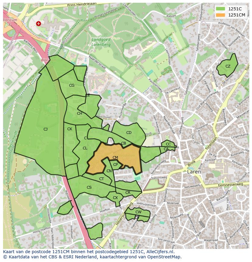Afbeelding van het postcodegebied 1251 CM op de kaart.