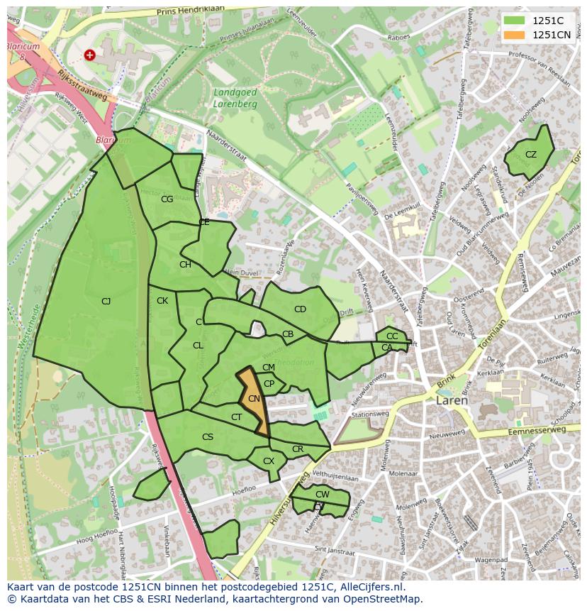 Afbeelding van het postcodegebied 1251 CN op de kaart.