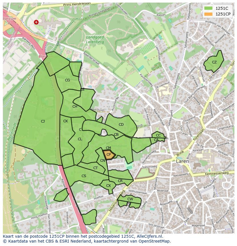 Afbeelding van het postcodegebied 1251 CP op de kaart.