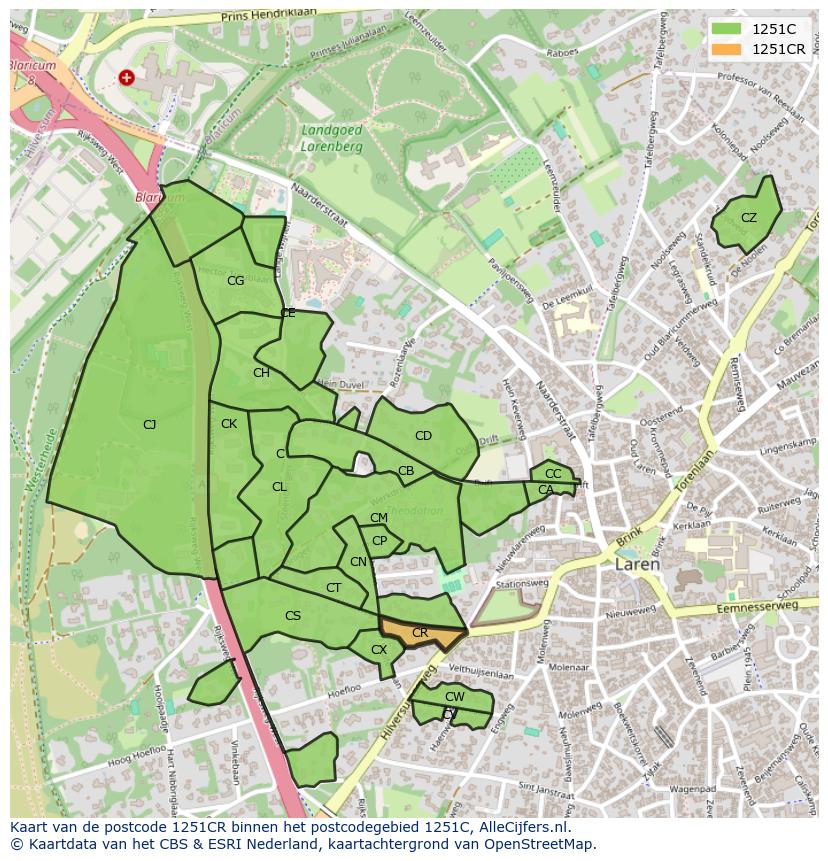 Afbeelding van het postcodegebied 1251 CR op de kaart.