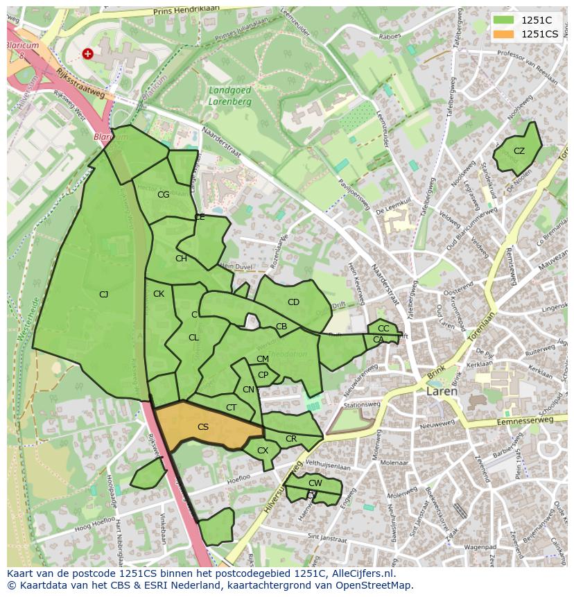 Afbeelding van het postcodegebied 1251 CS op de kaart.