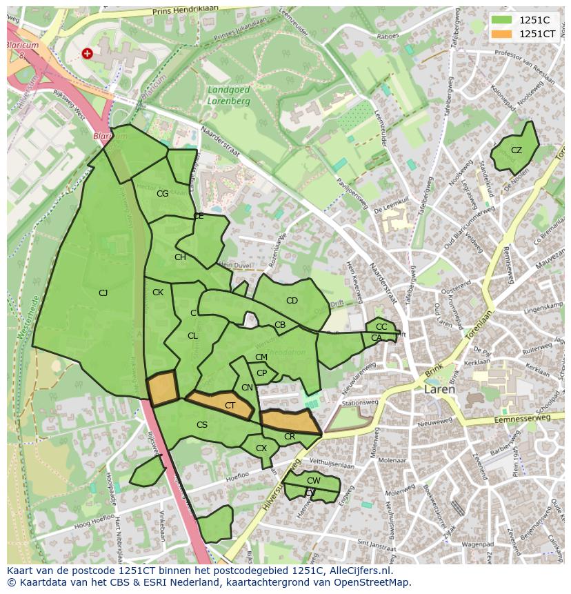 Afbeelding van het postcodegebied 1251 CT op de kaart.