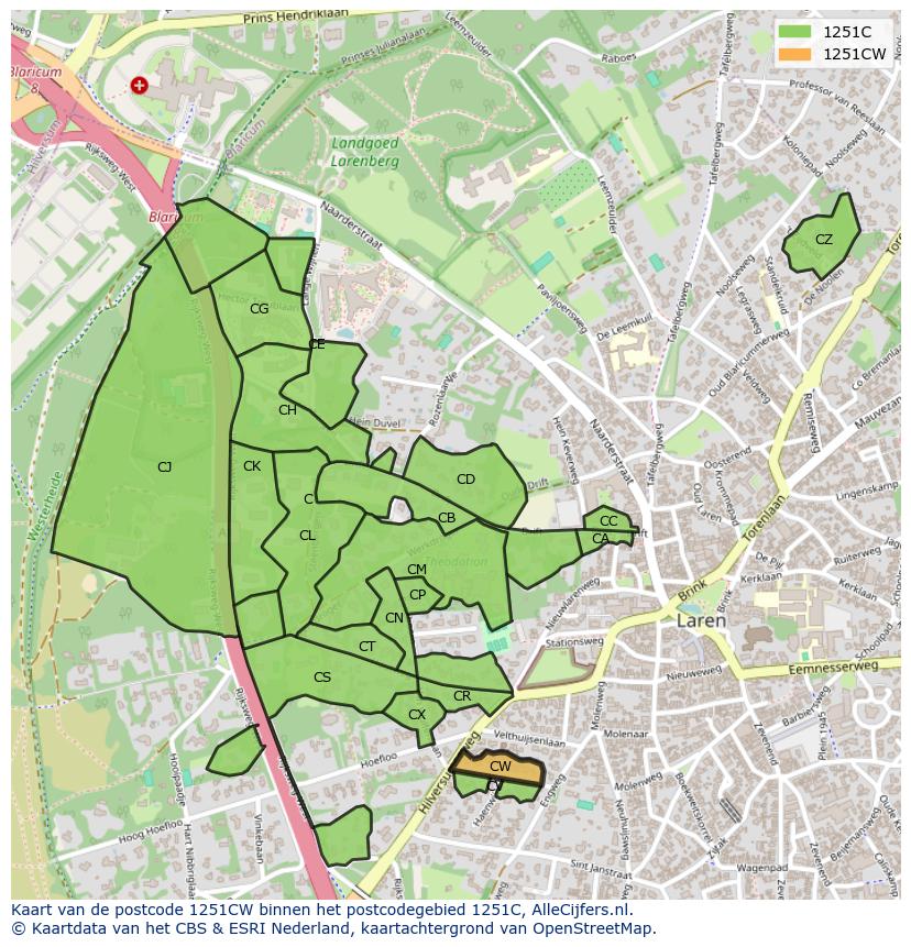 Afbeelding van het postcodegebied 1251 CW op de kaart.