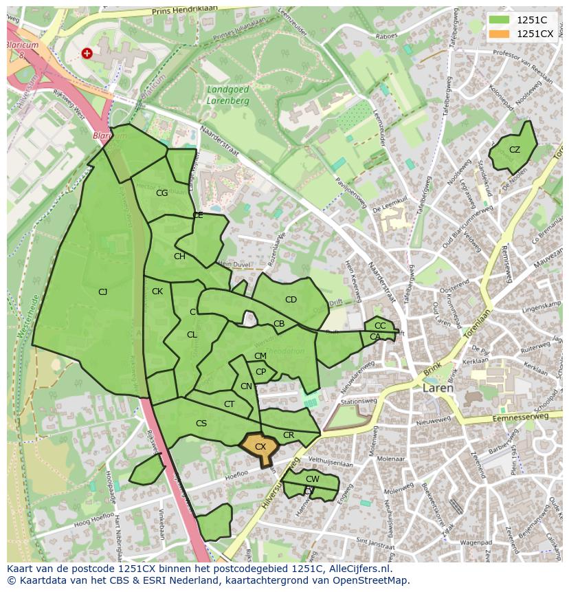 Afbeelding van het postcodegebied 1251 CX op de kaart.