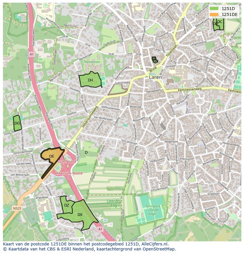 Afbeelding van het postcodegebied 1251 DE op de kaart.