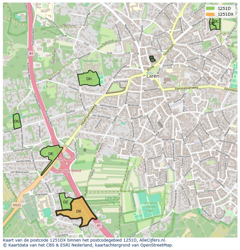 Afbeelding van het postcodegebied 1251 DX op de kaart.