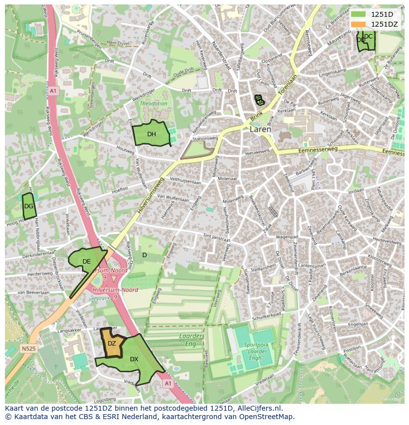 Afbeelding van het postcodegebied 1251 DZ op de kaart.