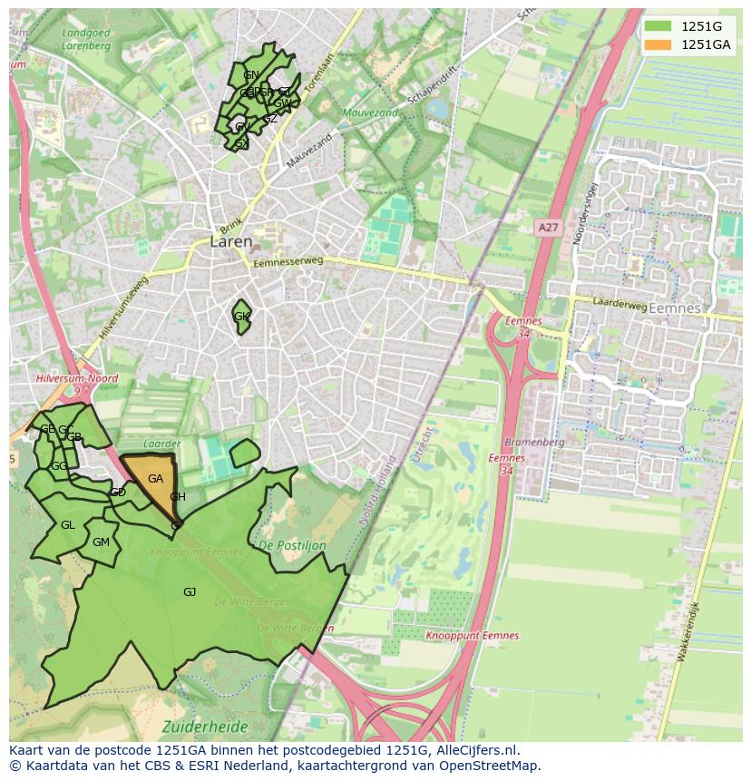 Afbeelding van het postcodegebied 1251 GA op de kaart.