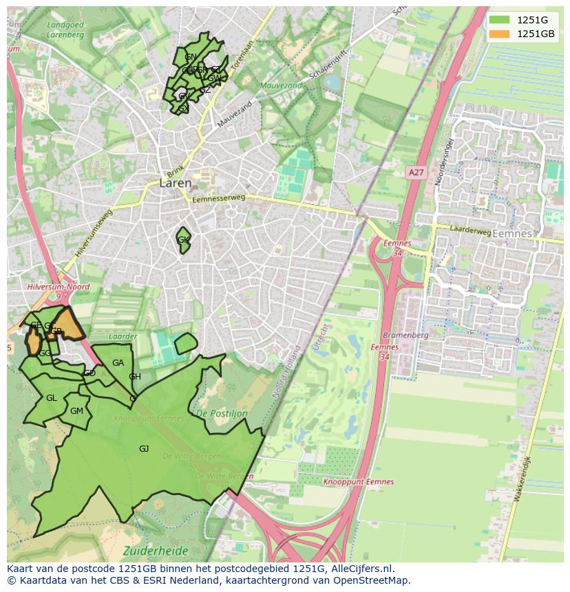 Afbeelding van het postcodegebied 1251 GB op de kaart.
