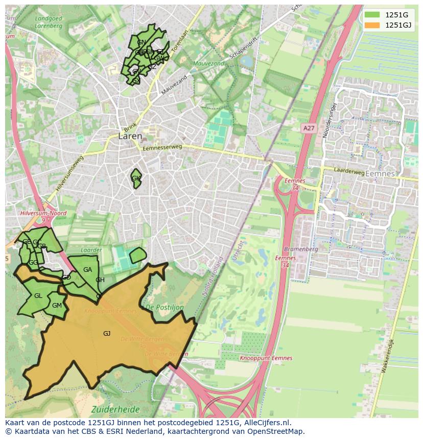 Afbeelding van het postcodegebied 1251 GJ op de kaart.
