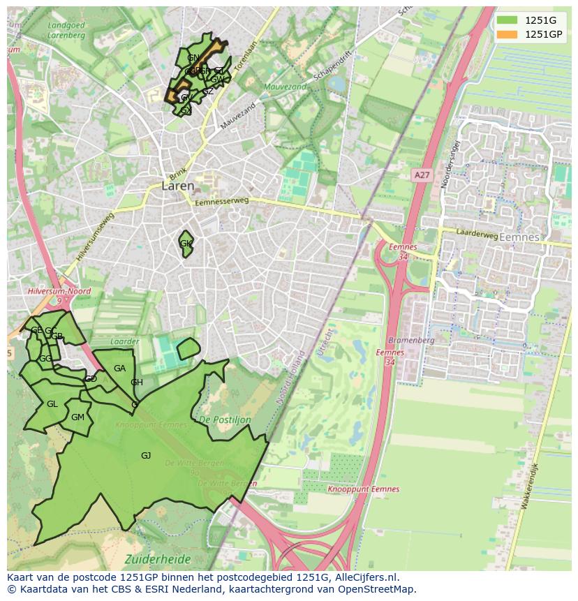 Afbeelding van het postcodegebied 1251 GP op de kaart.
