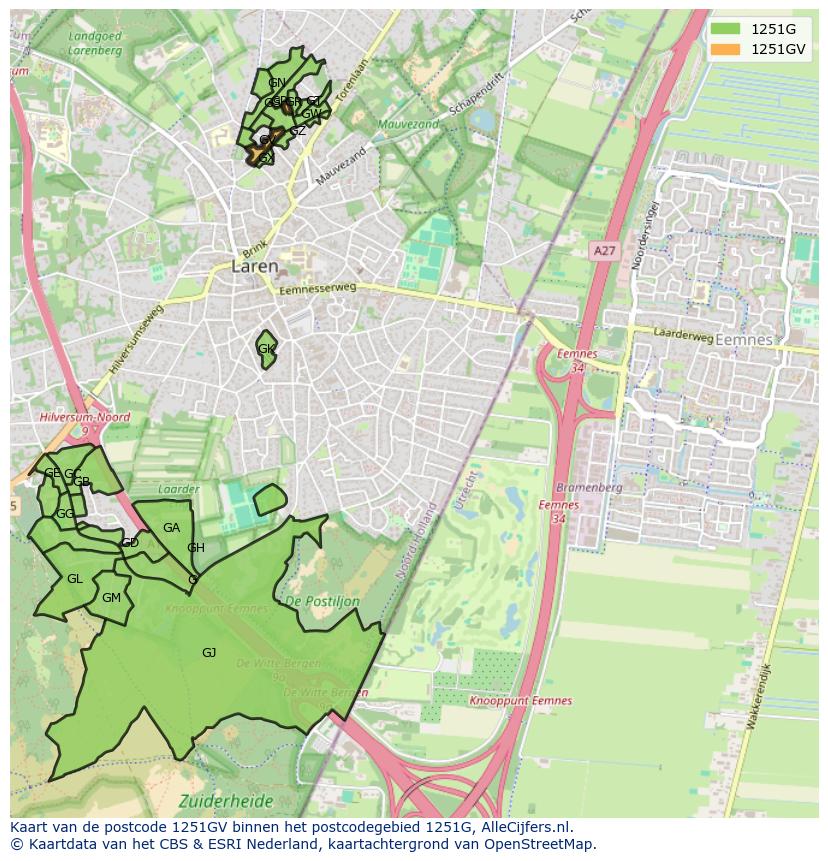 Afbeelding van het postcodegebied 1251 GV op de kaart.