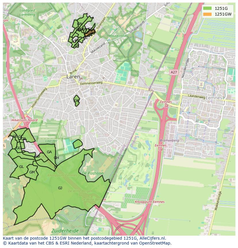 Afbeelding van het postcodegebied 1251 GW op de kaart.