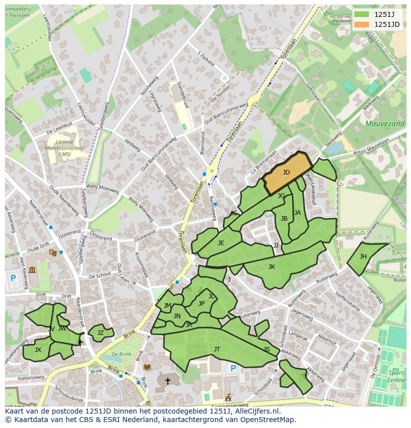 Afbeelding van het postcodegebied 1251 JD op de kaart.