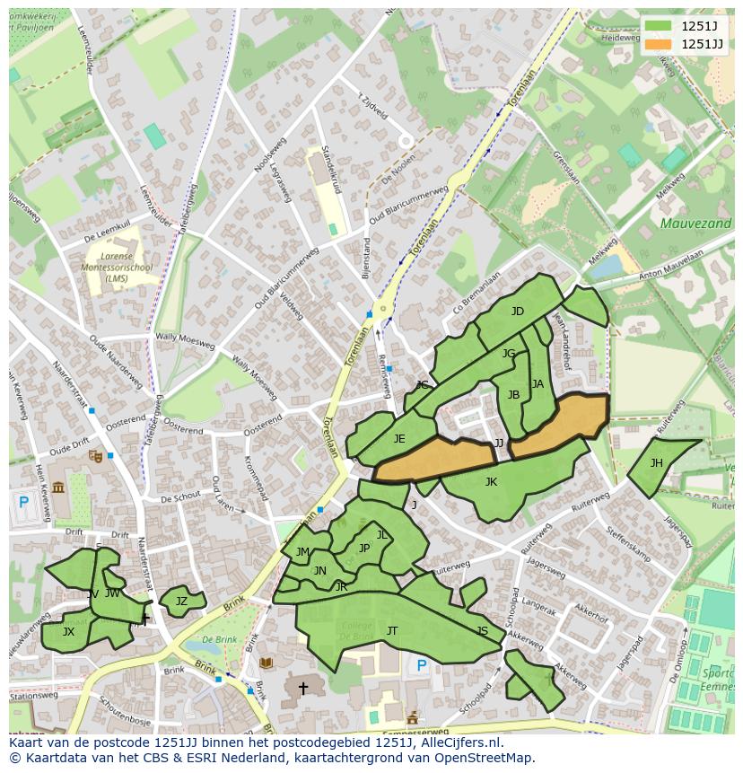 Afbeelding van het postcodegebied 1251 JJ op de kaart.