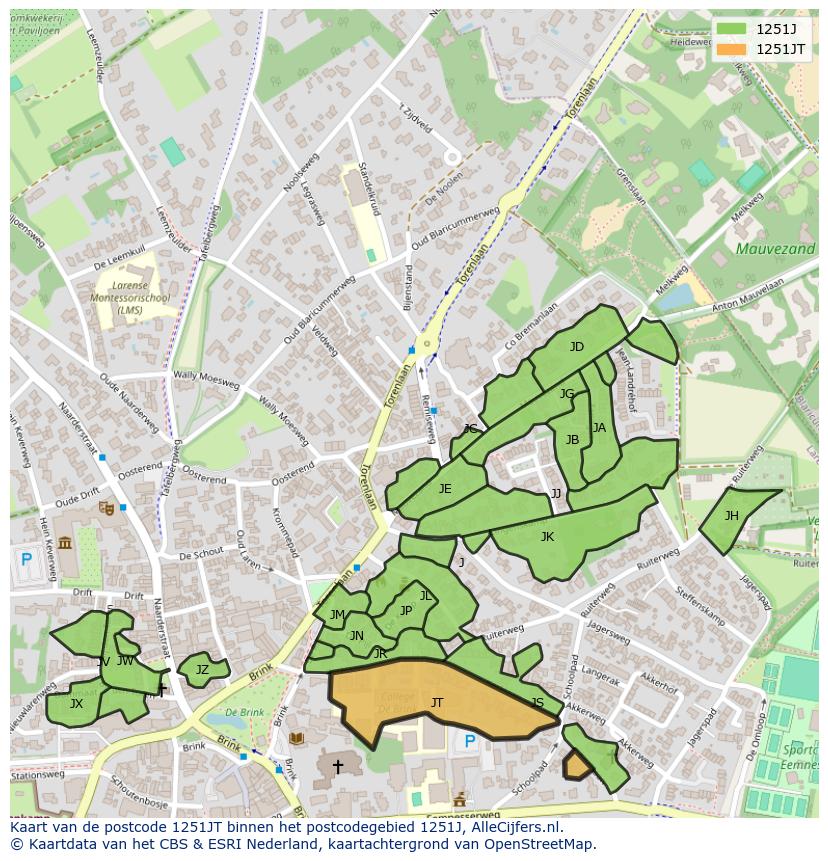 Afbeelding van het postcodegebied 1251 JT op de kaart.