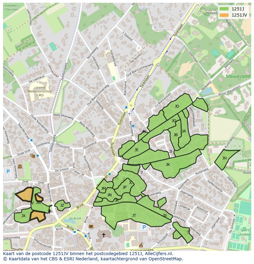 Afbeelding van het postcodegebied 1251 JV op de kaart.