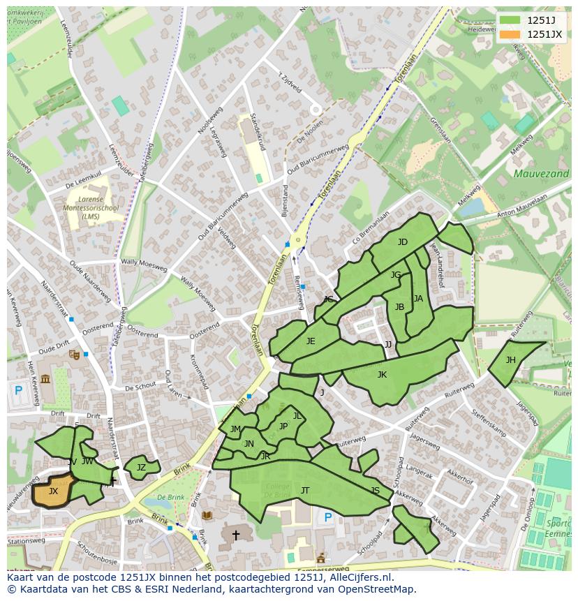 Afbeelding van het postcodegebied 1251 JX op de kaart.