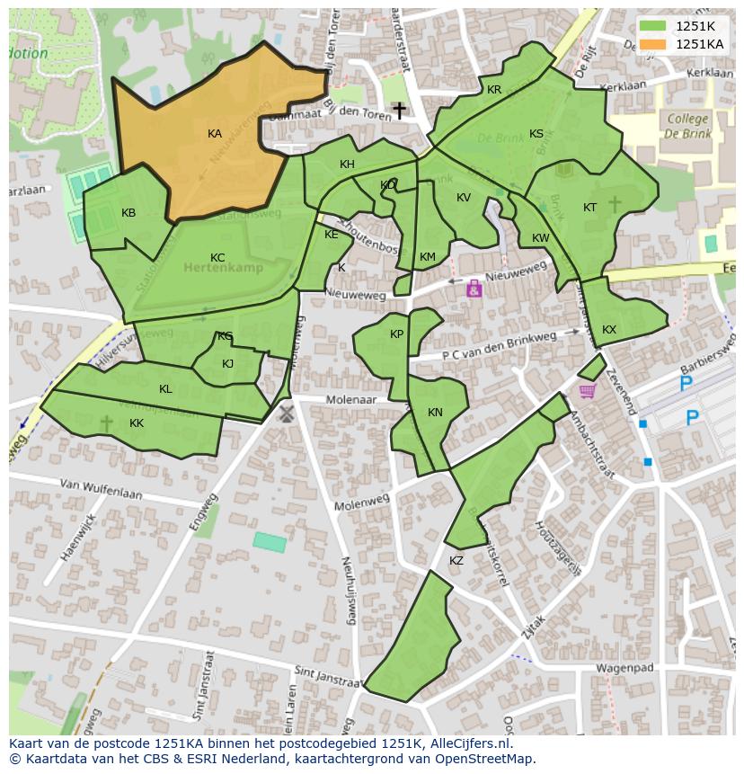 Afbeelding van het postcodegebied 1251 KA op de kaart.