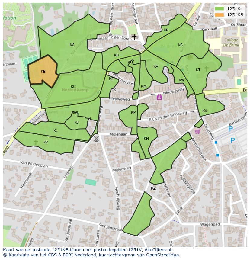 Afbeelding van het postcodegebied 1251 KB op de kaart.