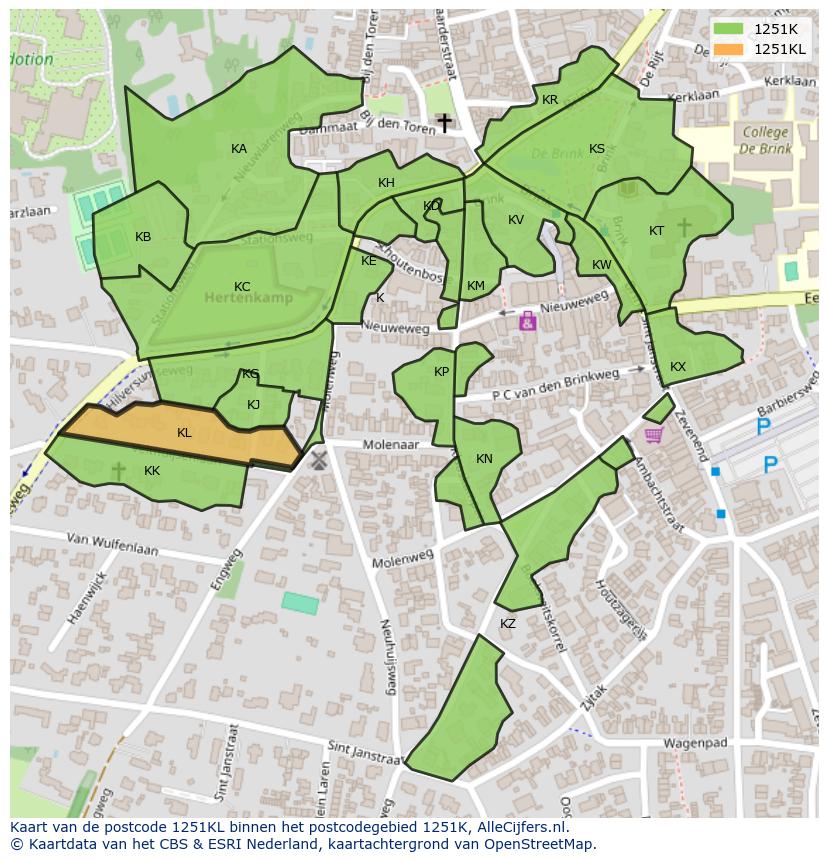 Afbeelding van het postcodegebied 1251 KL op de kaart.