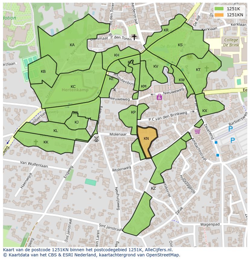 Afbeelding van het postcodegebied 1251 KN op de kaart.