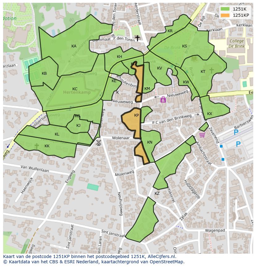 Afbeelding van het postcodegebied 1251 KP op de kaart.