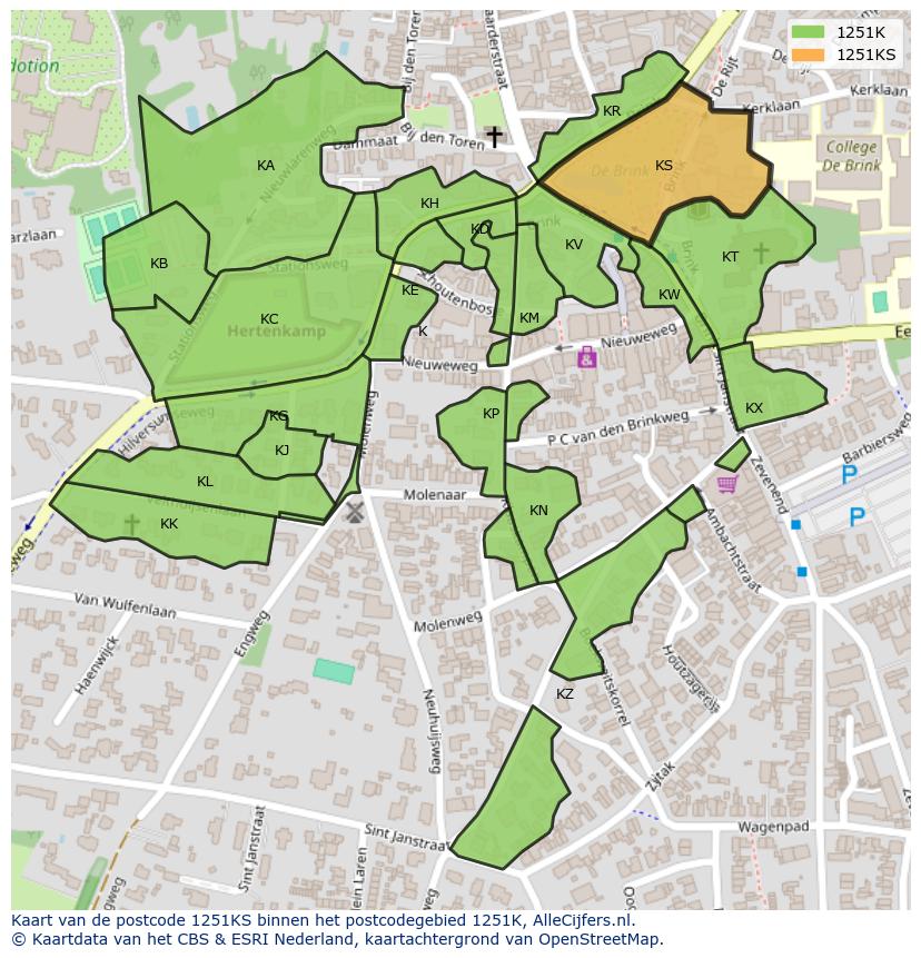 Afbeelding van het postcodegebied 1251 KS op de kaart.