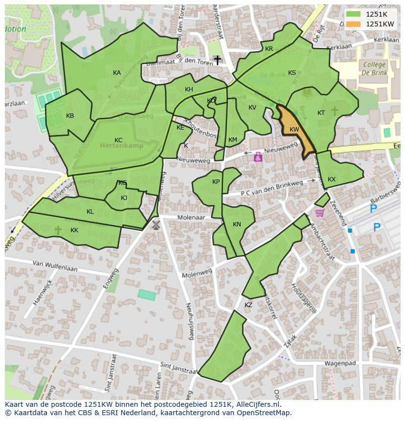 Afbeelding van het postcodegebied 1251 KW op de kaart.