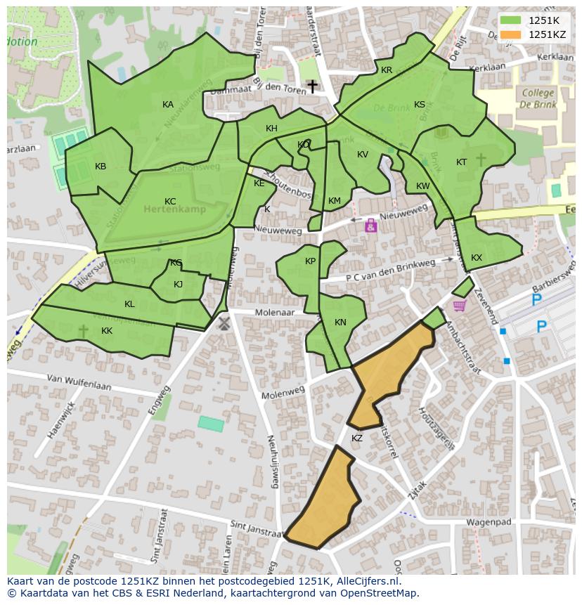Afbeelding van het postcodegebied 1251 KZ op de kaart.