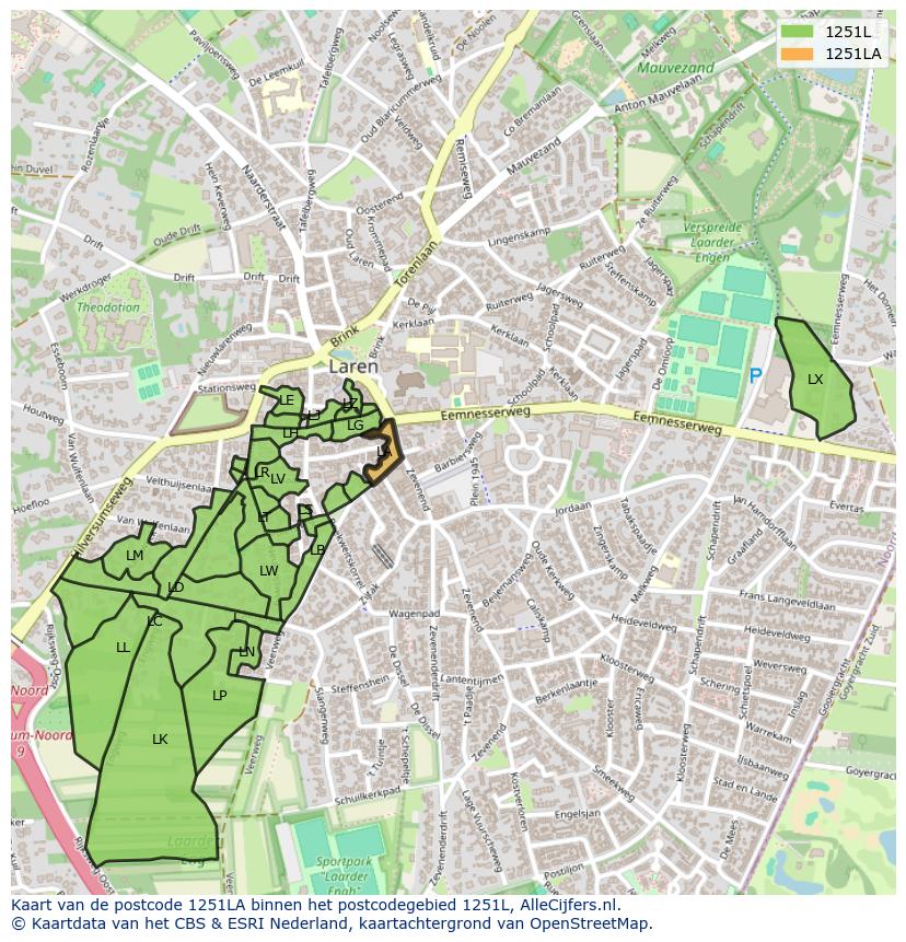 Afbeelding van het postcodegebied 1251 LA op de kaart.