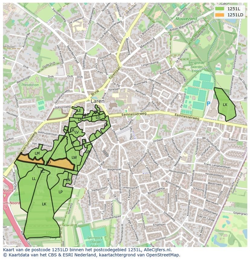 Afbeelding van het postcodegebied 1251 LD op de kaart.