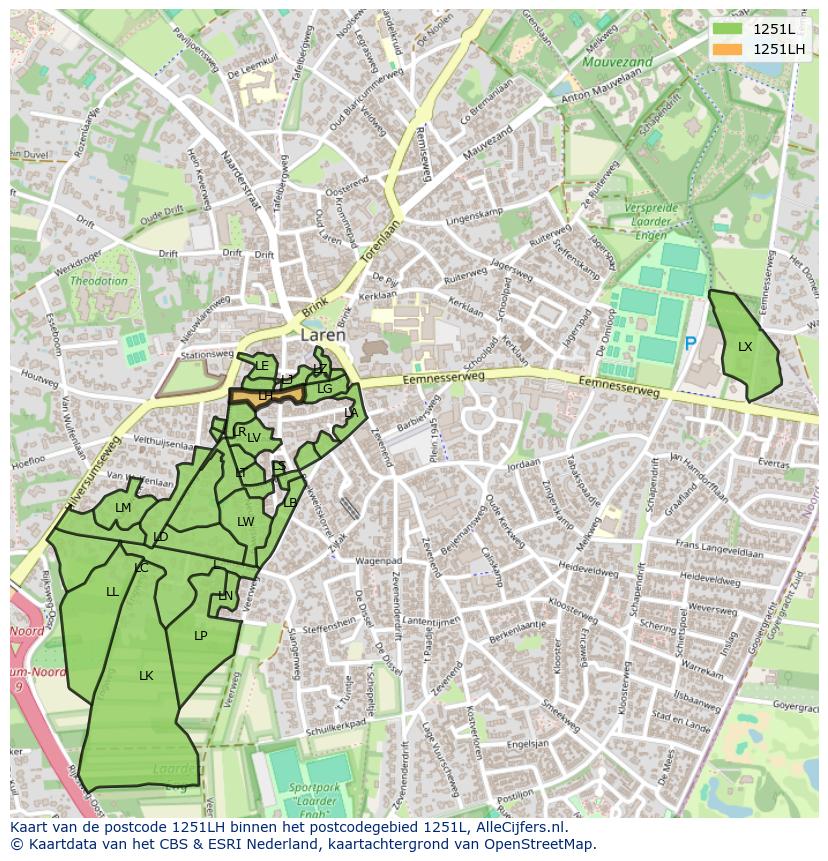 Afbeelding van het postcodegebied 1251 LH op de kaart.