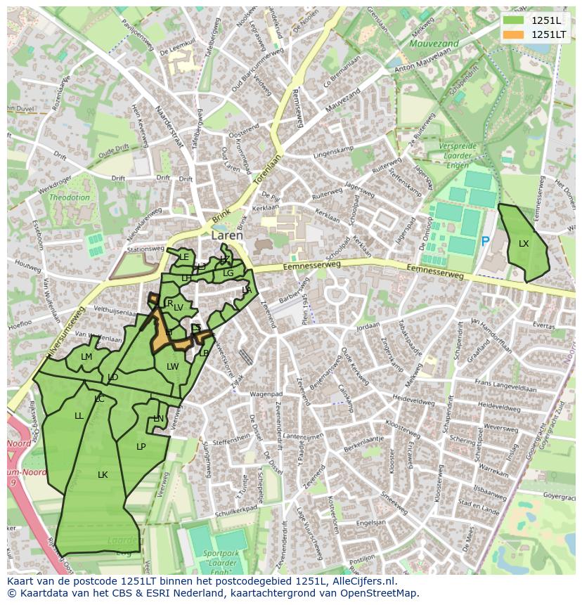 Afbeelding van het postcodegebied 1251 LT op de kaart.
