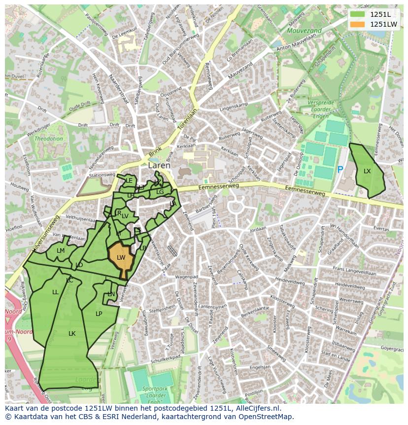 Afbeelding van het postcodegebied 1251 LW op de kaart.