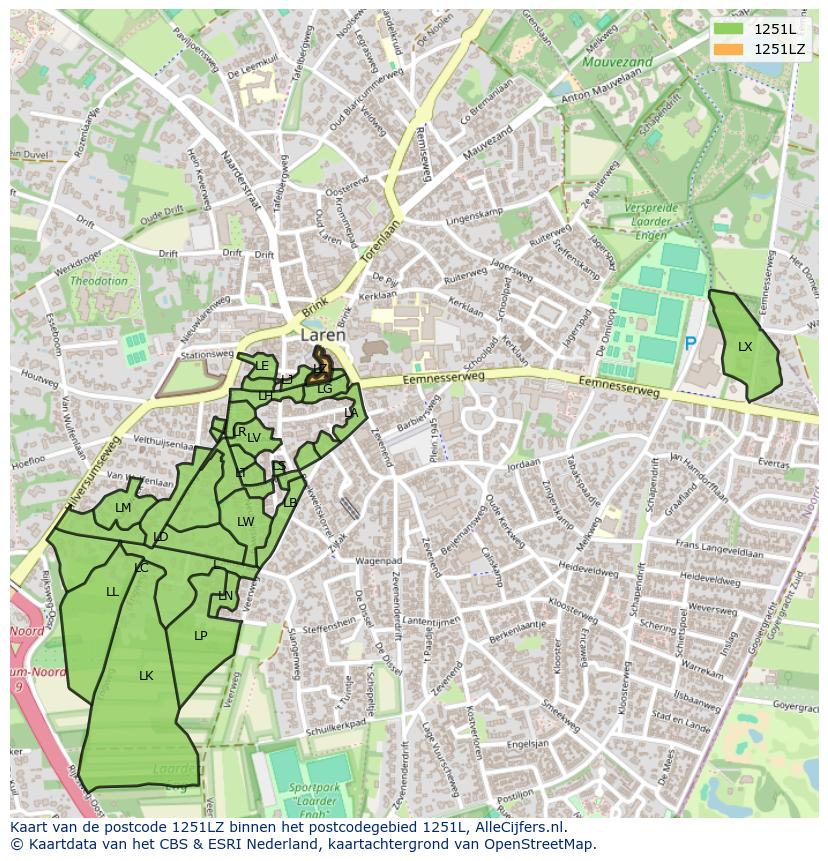 Afbeelding van het postcodegebied 1251 LZ op de kaart.