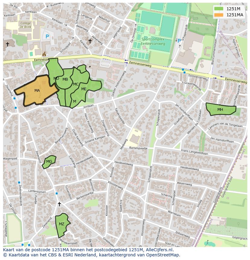 Afbeelding van het postcodegebied 1251 MA op de kaart.