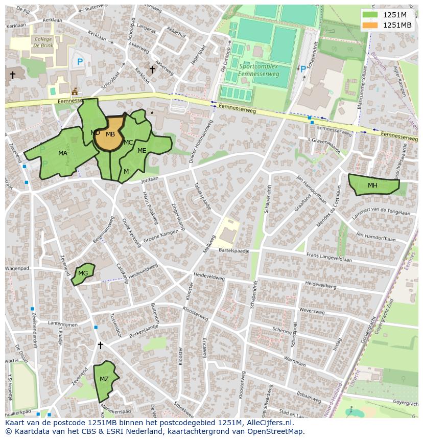 Afbeelding van het postcodegebied 1251 MB op de kaart.