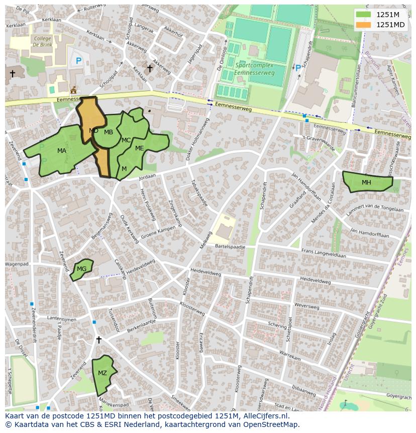 Afbeelding van het postcodegebied 1251 MD op de kaart.