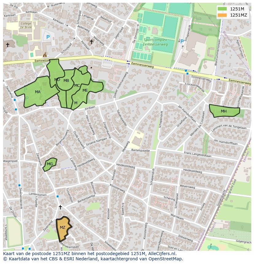Afbeelding van het postcodegebied 1251 MZ op de kaart.