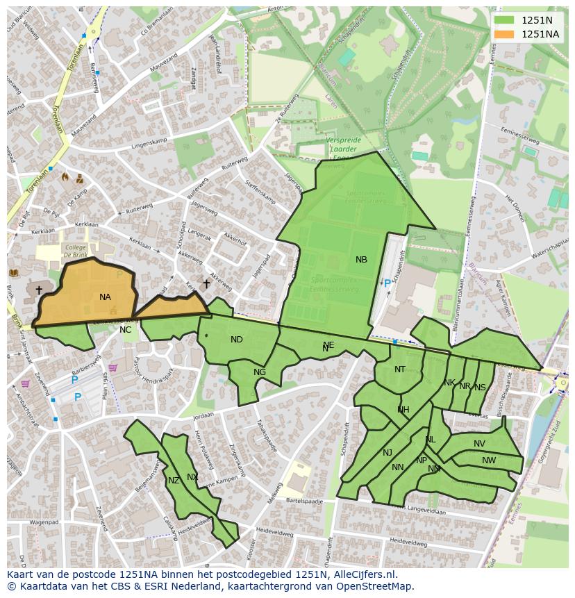 Afbeelding van het postcodegebied 1251 NA op de kaart.