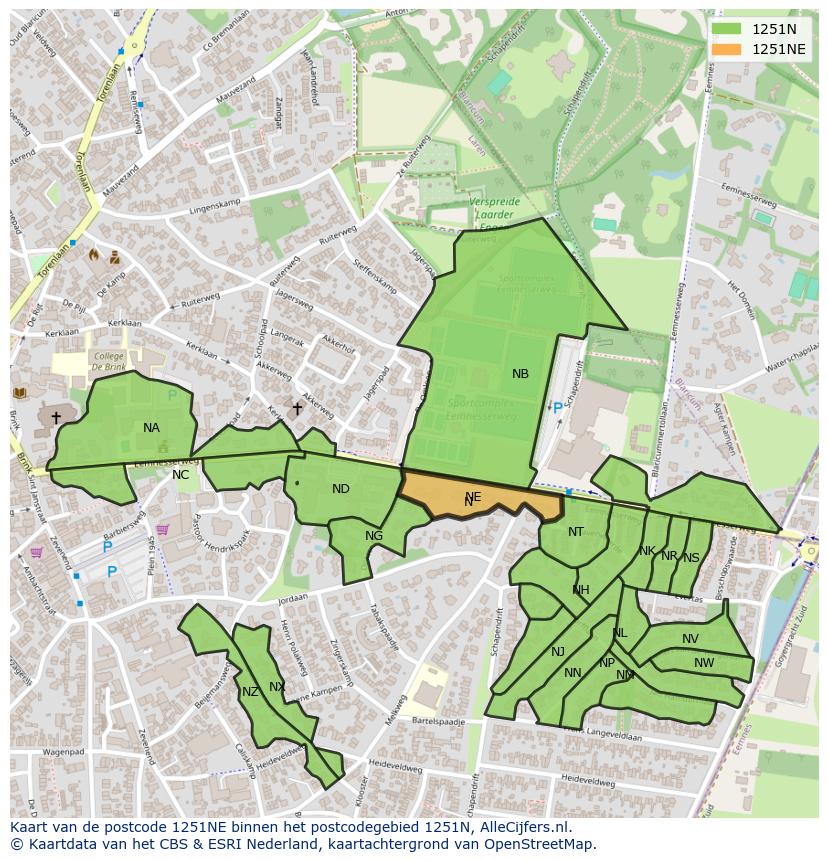 Afbeelding van het postcodegebied 1251 NE op de kaart.