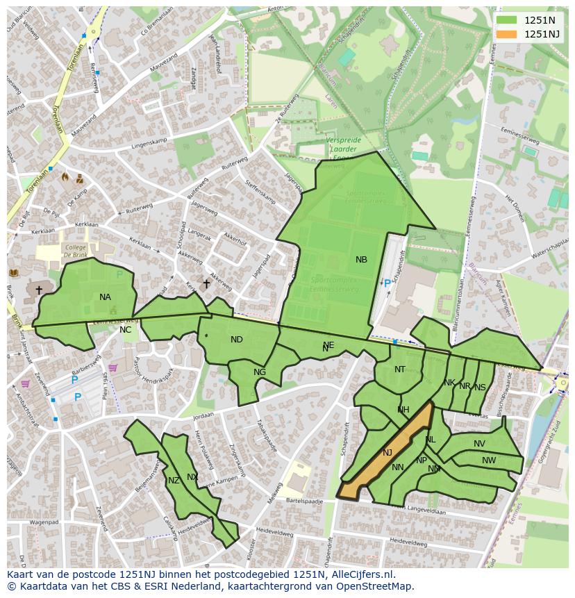 Afbeelding van het postcodegebied 1251 NJ op de kaart.