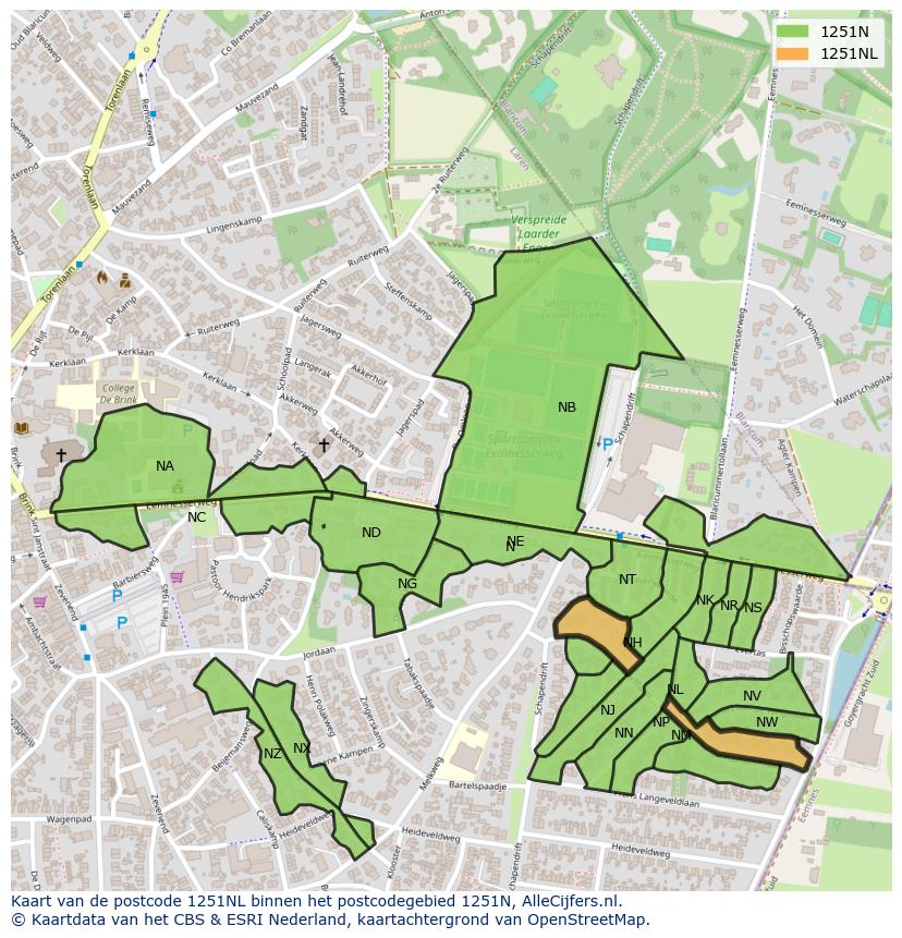 Afbeelding van het postcodegebied 1251 NL op de kaart.