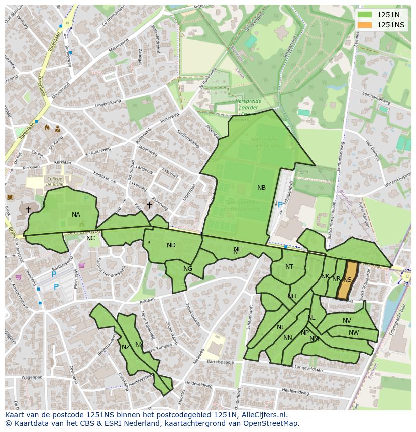 Afbeelding van het postcodegebied 1251 NS op de kaart.
