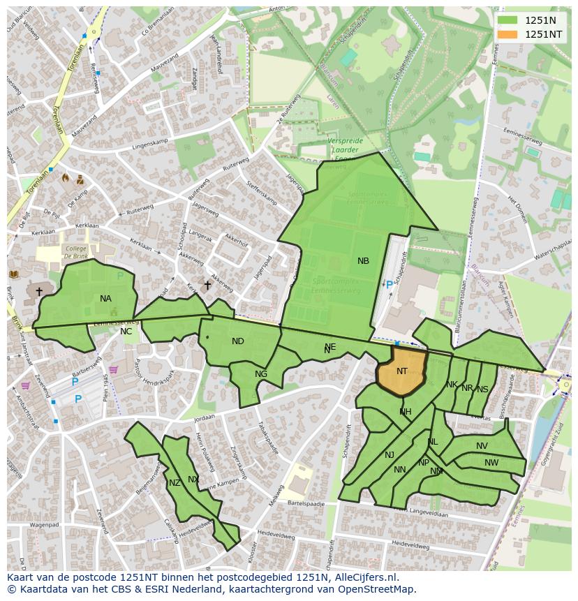 Afbeelding van het postcodegebied 1251 NT op de kaart.