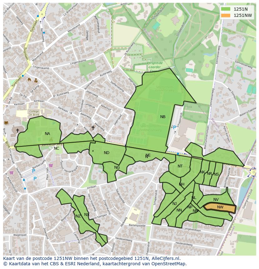Afbeelding van het postcodegebied 1251 NW op de kaart.